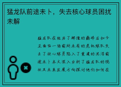 猛龙队前途未卜，失去核心球员困扰未解