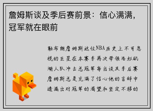 詹姆斯谈及季后赛前景：信心满满，冠军就在眼前